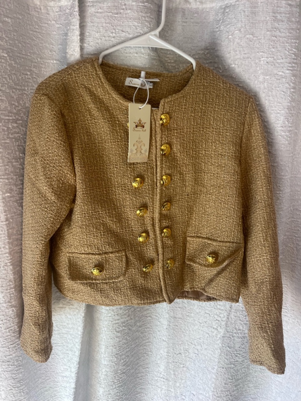 Textured Gold Tweed Crop Blazer with Decorative Buttons
